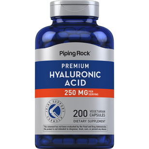 Premium Hyaluronic Acid supplement, 250 mg, comes in a bottle with 200 vegetarian capsules for joint and skin health.