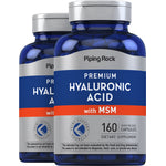 Two bottles of Premium Hyaluronic Acid with MSM, featuring 160 quick release capsules for joint support.
