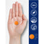 Hand holding an orange CL NAD gummy next to a graphic indicating a 3/4 inch diameter.