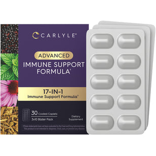 Carlyle Advanced Immune Support Formula, 17-in-1, contains 30 coated caplets in a 3x10 blister pack. Dietary supplement.