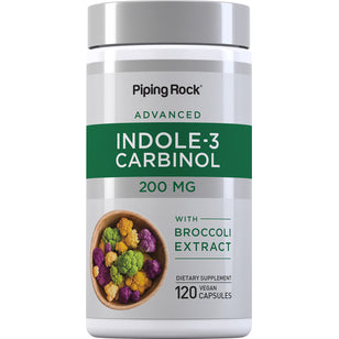 Advanced Indole-3-Carbinol 200 MG capsules with Broccoli Extract, 120 vegan capsules for dietary support.
