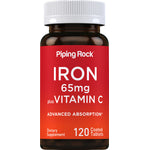 IRON 65mg plus VITAMIN C dietary supplement with 120 coated tablets for advanced absorption.