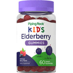Vegan gummies with elderberry flavor for kids, featuring 60 pieces per bottle and a delicious berry taste.