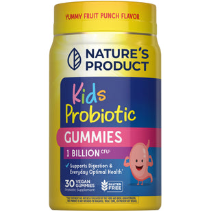 Nature's Product Kids Probiotic Gummies in fruit punch flavor, 30 vegan gummies, 1 billion CFU, gluten-free.