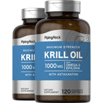Two bottles of Krill Oil 1000 mg, featuring Omega-3 EPA/DHA and Astaxanthin, include 120 Quick Release Softgels.