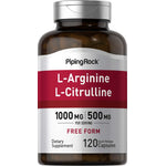 L-Arginine L-Citrulline capsules, 1000 mg with 500 mg per serving, 120 quick release capsules in a bottle.