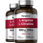 Two bottles of L-Arginine L-Citrulline, 1000 mg & 500 mg per serving, Free Form, 120 Quick Release Capsules, Dietary Supplement.
