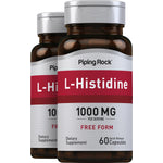 Two bottles of L-Histidine, 1000 MG per serving, 60 Quick Release Capsules are shown.