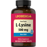 Bottle of L-Lysine 500 mg, Free Form, Non GMO, Verified Gluten Free, 250 Vegetarian Tablets.