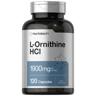 L-Ornithine HCl supplement with 1900mg per serving; 120 capsules in bottle.