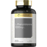 Bottle of L-Phenylalanine supplement containing 1000 mg dosage, with a total of 200 capsules, shown in product image.