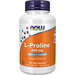 NOW L-Proline 500 mg capsules in a 120-count bottle suitable for vegetarians and vegans.