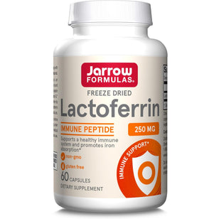 Jarrow Freeze Dried Lactoferrin, 250 mg, 60 capsules shown in a bottle. Dietary supplement for immune support and health.