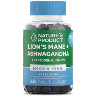 Nature's Product Lion's Mane and Ashwagandha Adaptogen Gummies in Berry Bliss flavor, containing 45 pectin gummies.