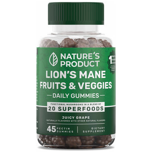 Nature's Product Lion's Mane Fruits & Veggies Daily Gummies, Juicy Grape flavor, 45 pectin gummies in a clear jar.