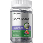 Horbäach Lion's Mane 60 vegan gummies in berry flavor, shown in a jar. A dietary supplement for wellness.