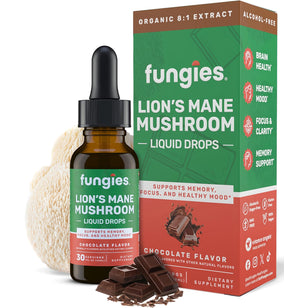 Fungies Lion's Mane Mushroom Liquid Drops, Chocolate Flavor, 1 fl oz. Organic 8:1 Extract, Alcohol-Free, with 30 servings.