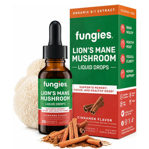Fungies Lion's Mane Mushroom Liquid Drops, Cinnamon Flavor in a 2 fl oz (60 ml) bottle, 30 servings, dietary supplement.