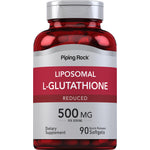 Liposomal L-Glutathione Reduced, 500 mg per serving, with 90 quick release softgels as a dietary supplement.