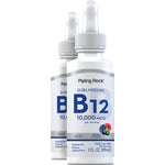 Two Liquid B-12 dropper bottles, 10,000 MCG per serving, Berry Flavor, Sublingual, 2 fl oz (59 mL), 30 servings.