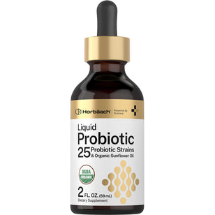 Horbäach Liquid Probiotic with 25 strains and organic sunflower oil in a USDA Organic 2 FL. OZ. (59 mL) dropper bottle.