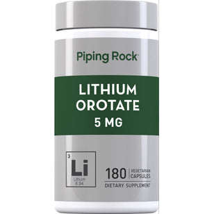 Lithium Orotate 5 mg dietary supplement in a bottle with 180 vegetarian capsules.