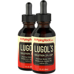 Two Lugol's Iodine 2% USP Solution 2 fl oz (59 mL) dropper bottles, labeled with Distilled Water 94%, Potassium Iodide 4%, Iodine 2%.