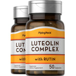 Luteolin Complex with Rutin, featuring 50 vegetarian capsules, shown in two bottles.