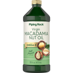 Virgin Macadamia Nut Oil, cold pressed, contains OMEGA-9, in a 16 fl. oz. (473 mL) bottle.