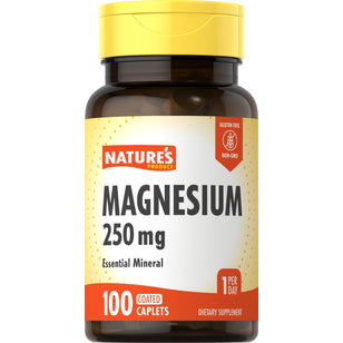 Magnesium 250 mg, 100 coated caplets. Essential mineral. Gluten-free, non-GMO. Take 1 per day. Dietary supplement.