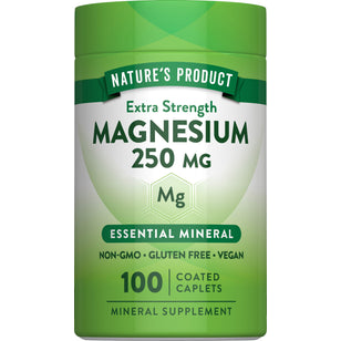 Nature's Product Extra Strength Magnesium 250 mg, essential mineral, non-GMO, gluten-free, vegan, 100 coated caplets.