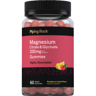 Magnesium Citrate & Glycinate with 330mg per 4 Raspberry Lemon Flavor Gummies. Contains 60 vegan gummies.