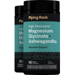 Two bottles of High Absorption Magnesium Glycinate with Ashwagandha, containing 90 vegan capsules.