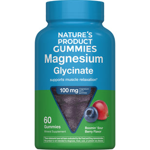 Magnesium Glycinate Gummies 100 mg per 2 gummies, 60 gummies, Boomin' Sour Berry Flavor, supports muscle relaxation.