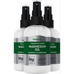 Three Magnesium Oil 8 fl oz (236 mL) spray bottles. Labels show 'THERAPEUTIC GRADE MAGNESIUM OIL' and 'MAGNESIUM CHLORIDE BRINE'.