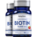 Two bottles of Biotin 10,000 MCG, 90 fast dissolve tablets in natural berry flavor, highly absorbable.