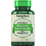 Max Multi Whole Greens, Fruits & Vegetables with Probiotics is a dietary supplement with 120 coated caplets.