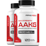 Two bottles of Max Strength AAKG Arginine Alpha-Ketoglutarate, 3600 mg per serving, each containing 120 coated caplets.