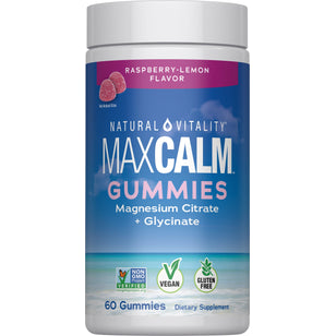 Natural Vitality MaxCalm Gummies, Raspberry-Lemon flavor, with magnesium citrate and glycinate, 60 gummies, dietary supplement.