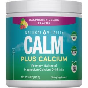Natural Vitality Calm Plus Calcium Raspberry-Lemon Flavor drink mix, balanced magnesium and calcium, net weight 8 OZ (227 G).