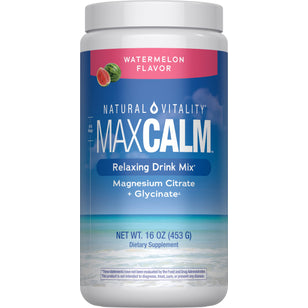 Natural Vitality MaxCalm Watermelon Flavor is a relaxing drink mix with magnesium citrate and glycinate, 16 oz (453 g).