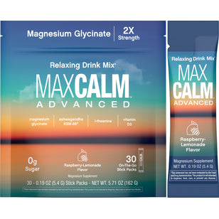 Max Calm Advanced Magnesium Glycinate with Ashwagandha, 0g Sugar, Raspberry-Lemonade flavor, 30 stick packs.