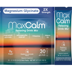 MaxCalm Magnesium Glycinate 2X Strength relaxing drink mix, raspberry-lemonade flavor, 30 stick packs, 5.71 oz (162 g).