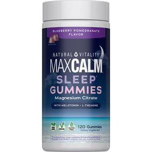 MaxCalm Sleep Gummies, Blueberry Pomegranate flavor, feature Magnesium Citrate, Melatonin, and L-Theanine. 120 Gummies.