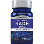Mega Strength NADH 20 mg plus Co Q-10 Optimizer dietary supplement with 60 quick release capsules.