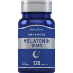 A bottle of 120 tablets containing 10 mg Melatonin.
