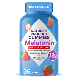 Nature's Product Gummies, Max Strength Melatonin, 10 mg per serving, 36 strawberry-flavored gummies.