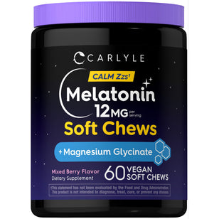 Carlyle CALM Zzs⁺ Melatonin 12MG Soft Chews with Magnesium Glycinate, Mixed Berry Flavor, 60 Vegan Soft Chews.