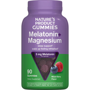 Nature's Product Gummies with Melatonin and Magnesium, 90 mixed berry flavor gummies, 5 mg per 2 gummies.