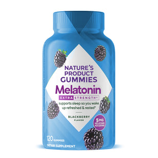 Extra Strength Melatonin 5 mg, 120 Blackberry Flavor Gummies, providing 5mg Melatonin per serving.